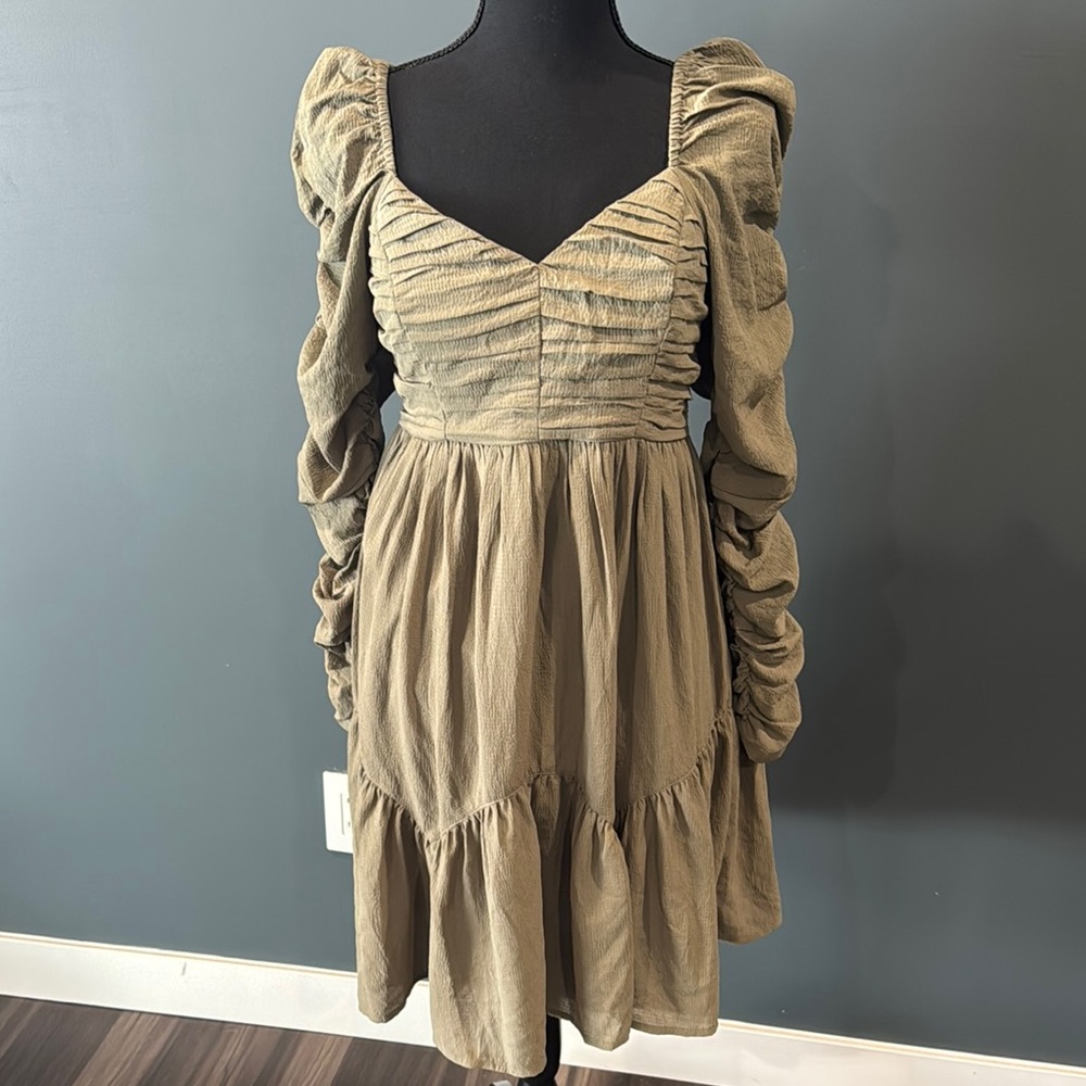 Green Ruched Puff Sleeve Sundress